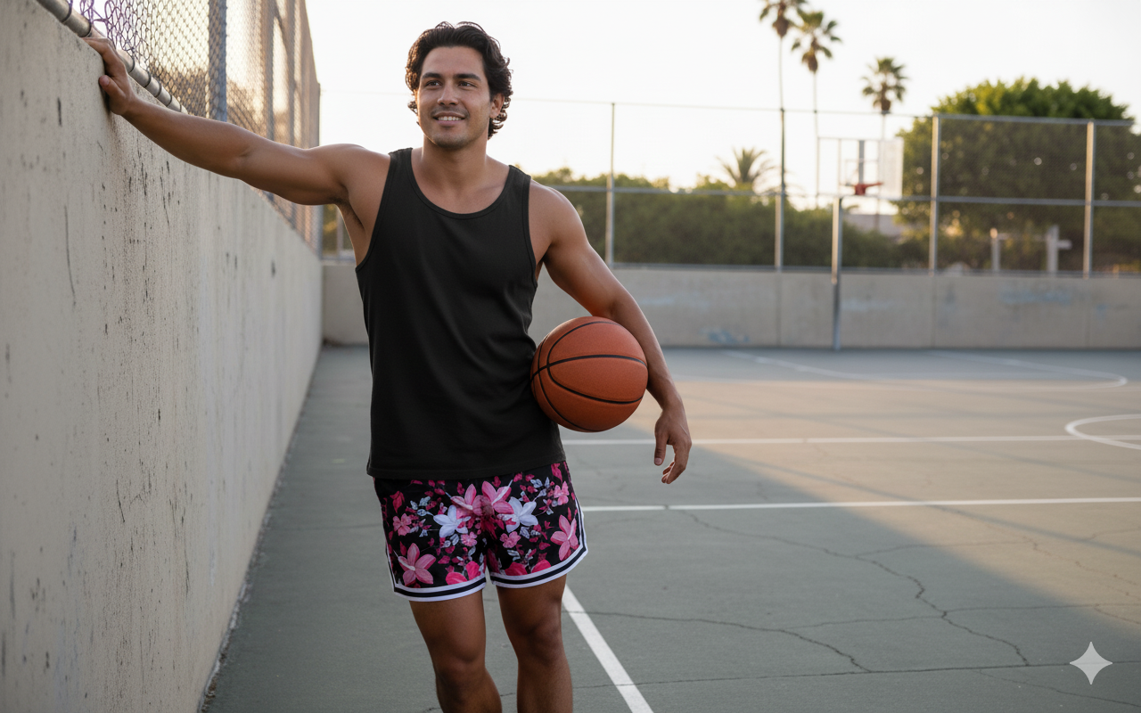 Mens Colorful Fun Above The Knee, Short Inseam, Basketball Hoop Shorts Pink Black Floral.