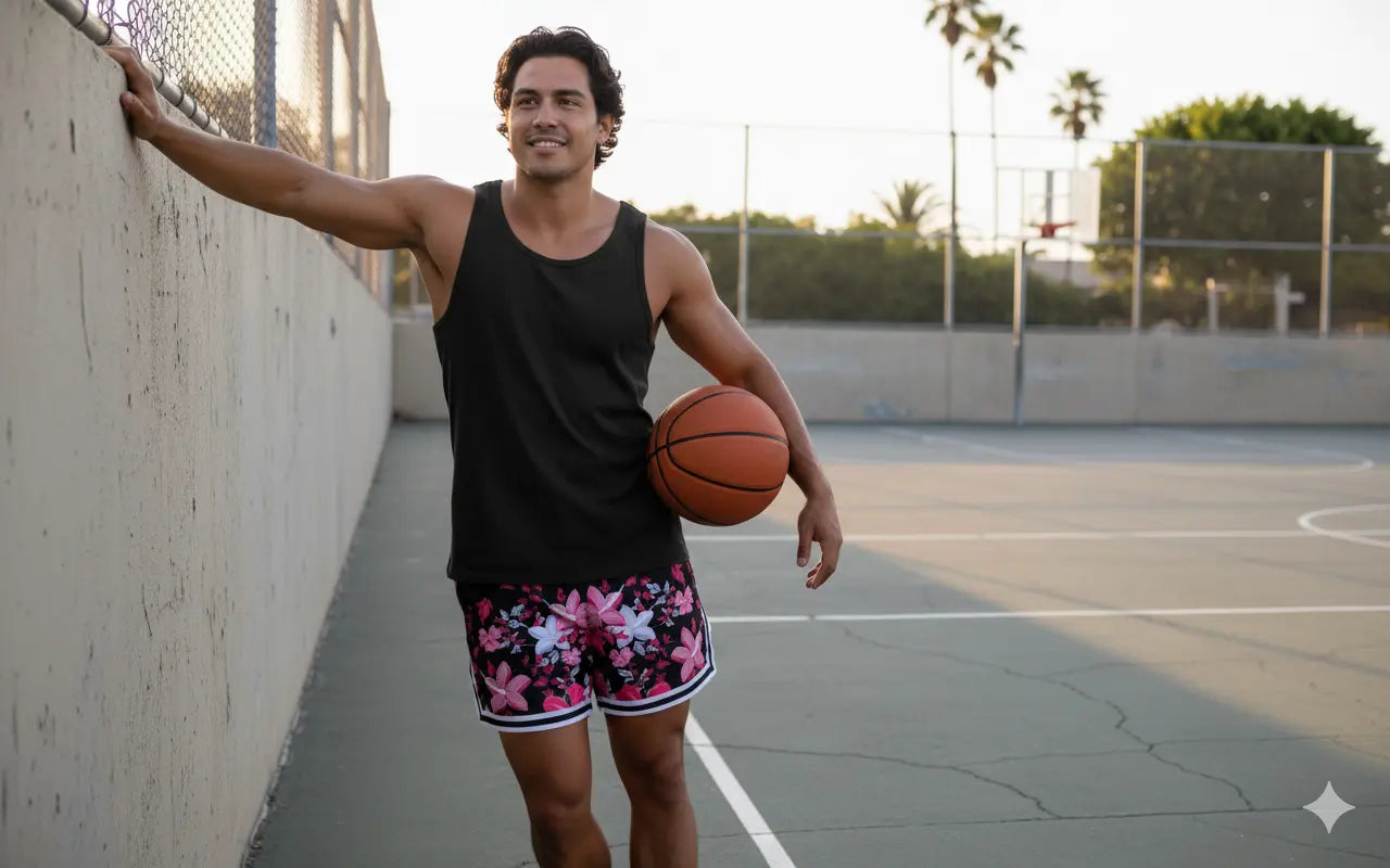 Mens Colorful Fun Above The Knee, Short Inseam, Basketball Hoop Shorts Pink Black Floral. Hackergolf.net