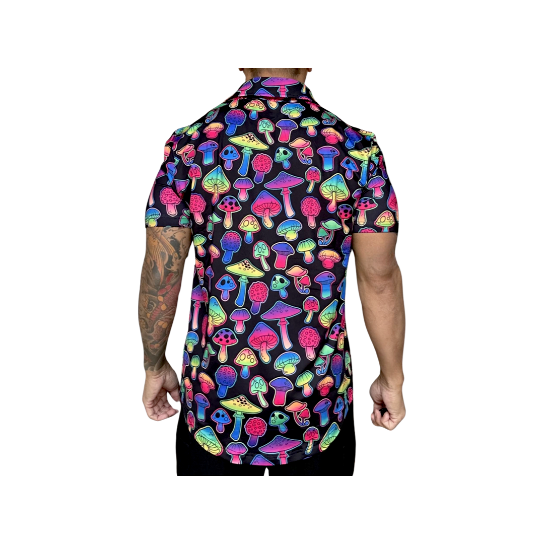 Psychedelic Glowing Fluorescent Mushrooms on Black Golf Shirt.