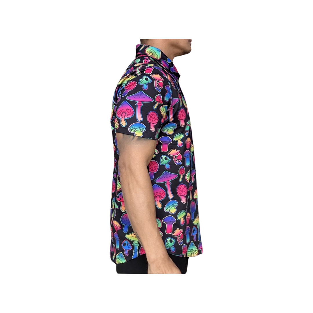 Psychedelic Glowing Fluorescent Mushrooms on Black Golf Shirt.