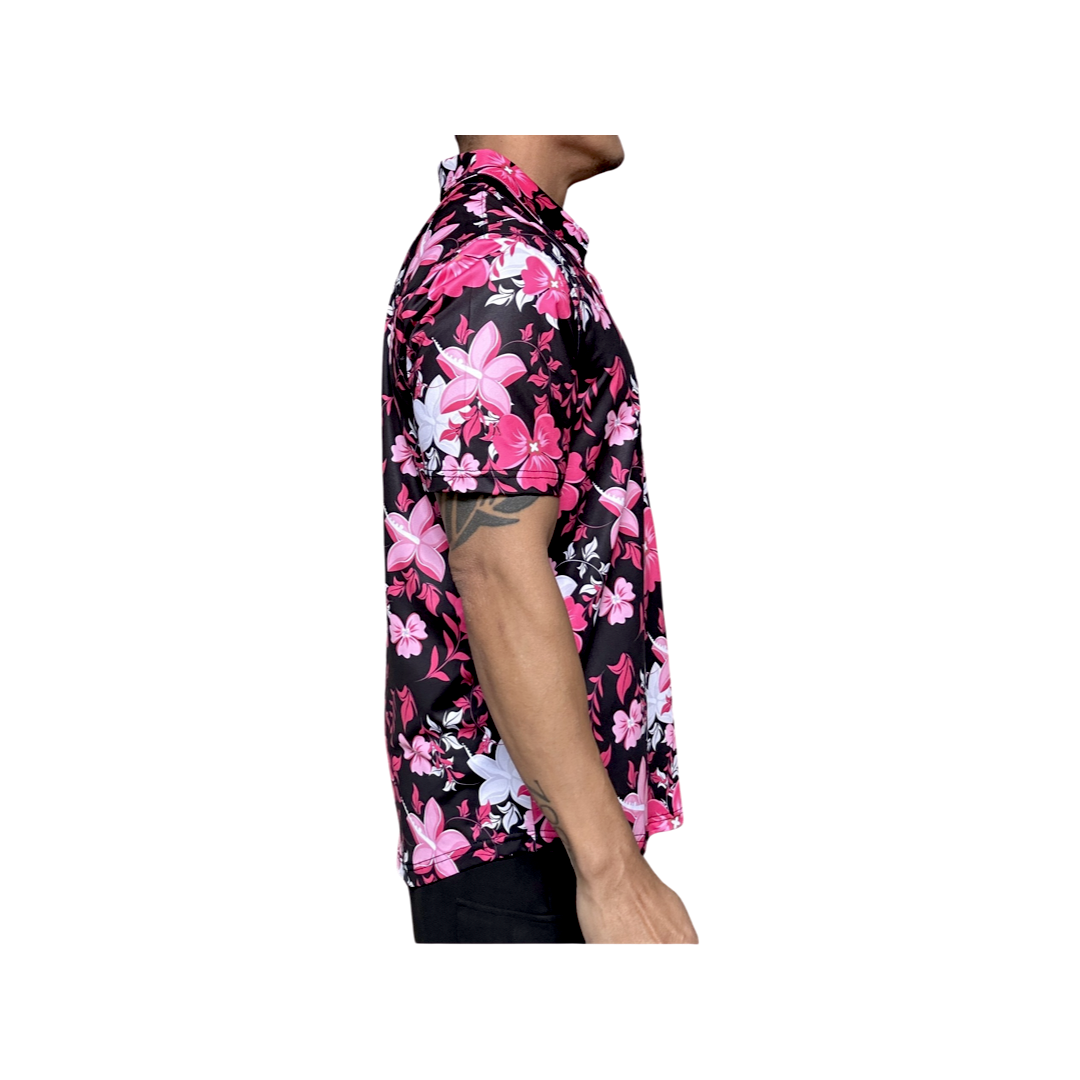 Pink Black White Floral Hawaiian Floral Golf Shirt.