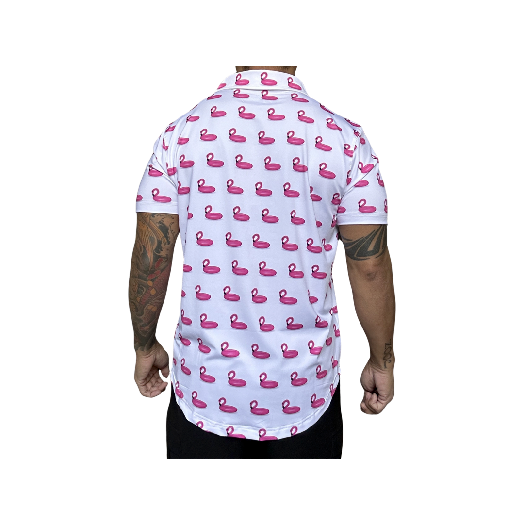 Pink White Flamingo Summer Pool Golf Shirt.