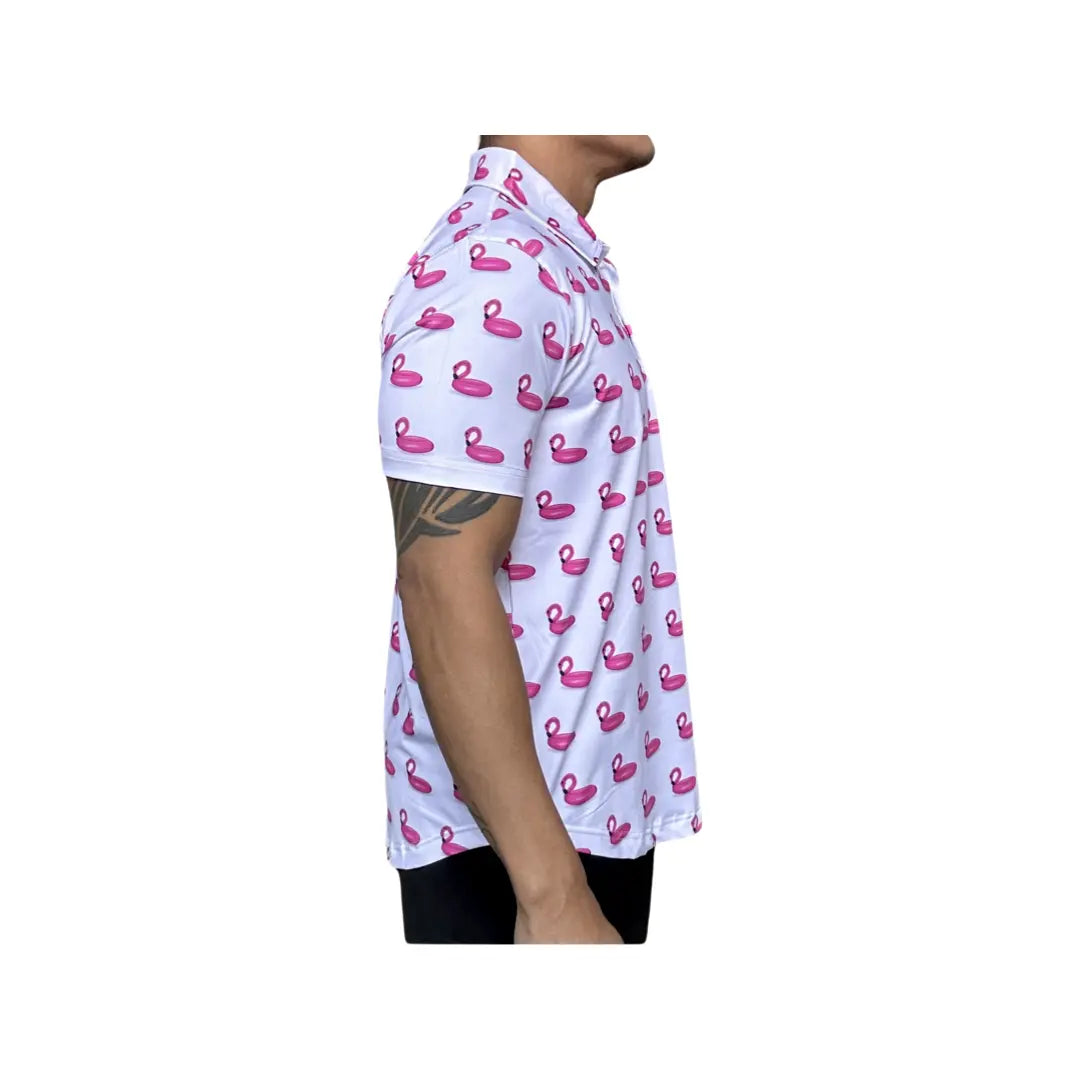 Pink White Flamingo Summer Pool Golf Shirt. Hackergolf.net