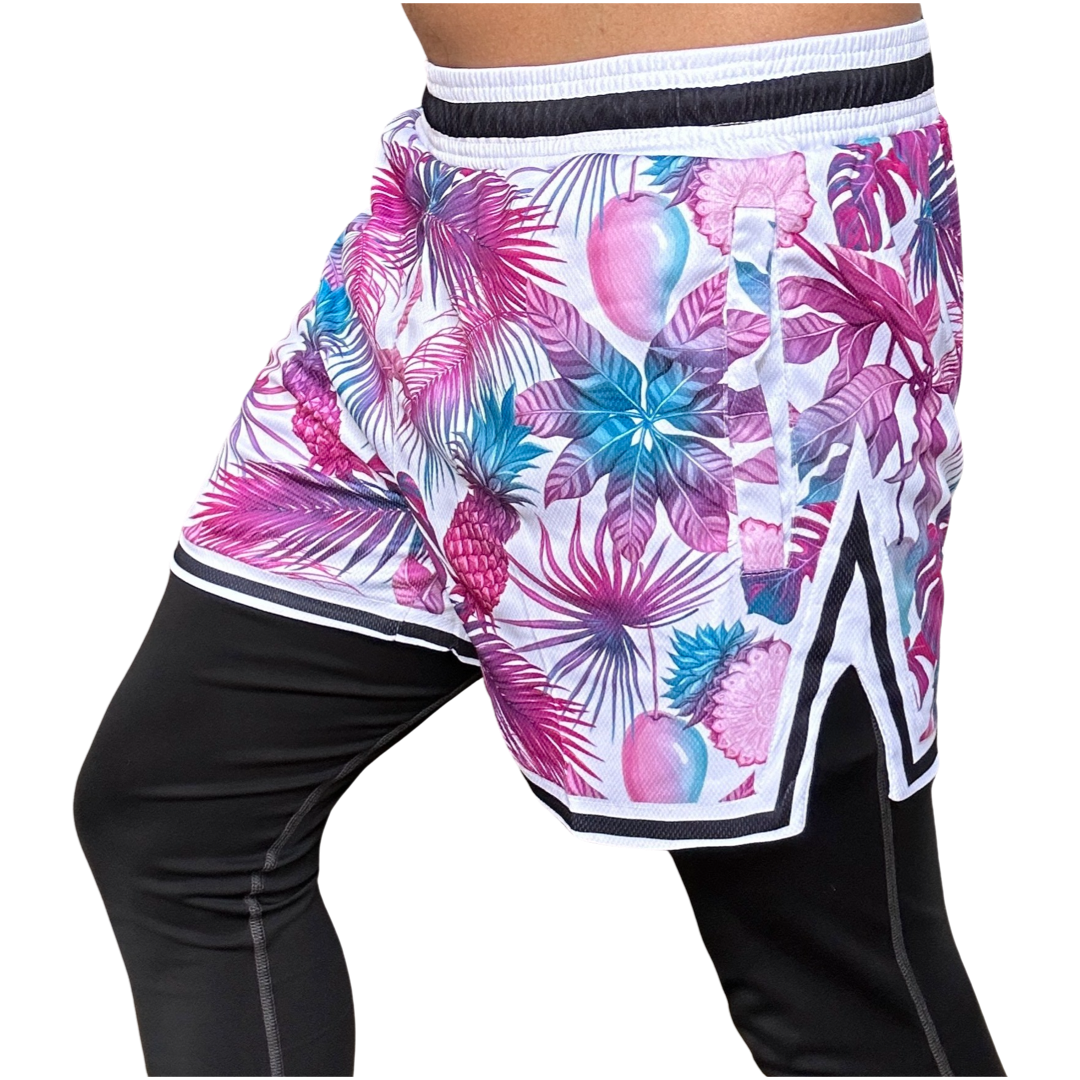 Mens Colorful Fun Above The Knee, Short Inseam, Basketball Hoop Shorts Purple Tropical Floral.