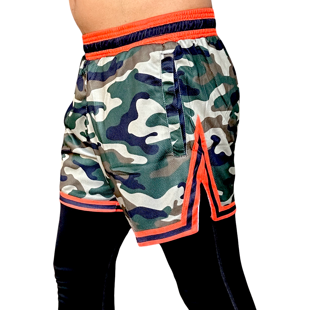 Mens Camouflage Above The Knee, Short Inseam, Basketball Hoop Shorts Camo Orange