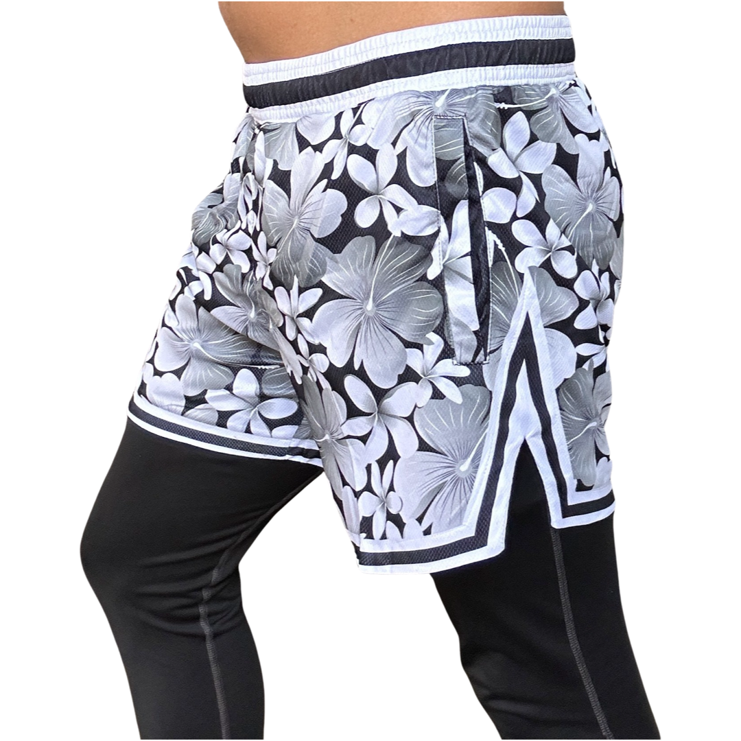 Mens Colorful Fun Above The Knee, Short Inseam, Basketball Hoop Shorts Black White Floral