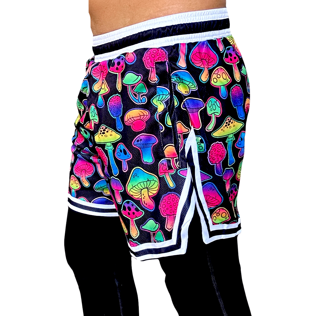 Mens Above The Knee, Short Inseam, Basketball Hoop Shorts - Colorful Mushrooms