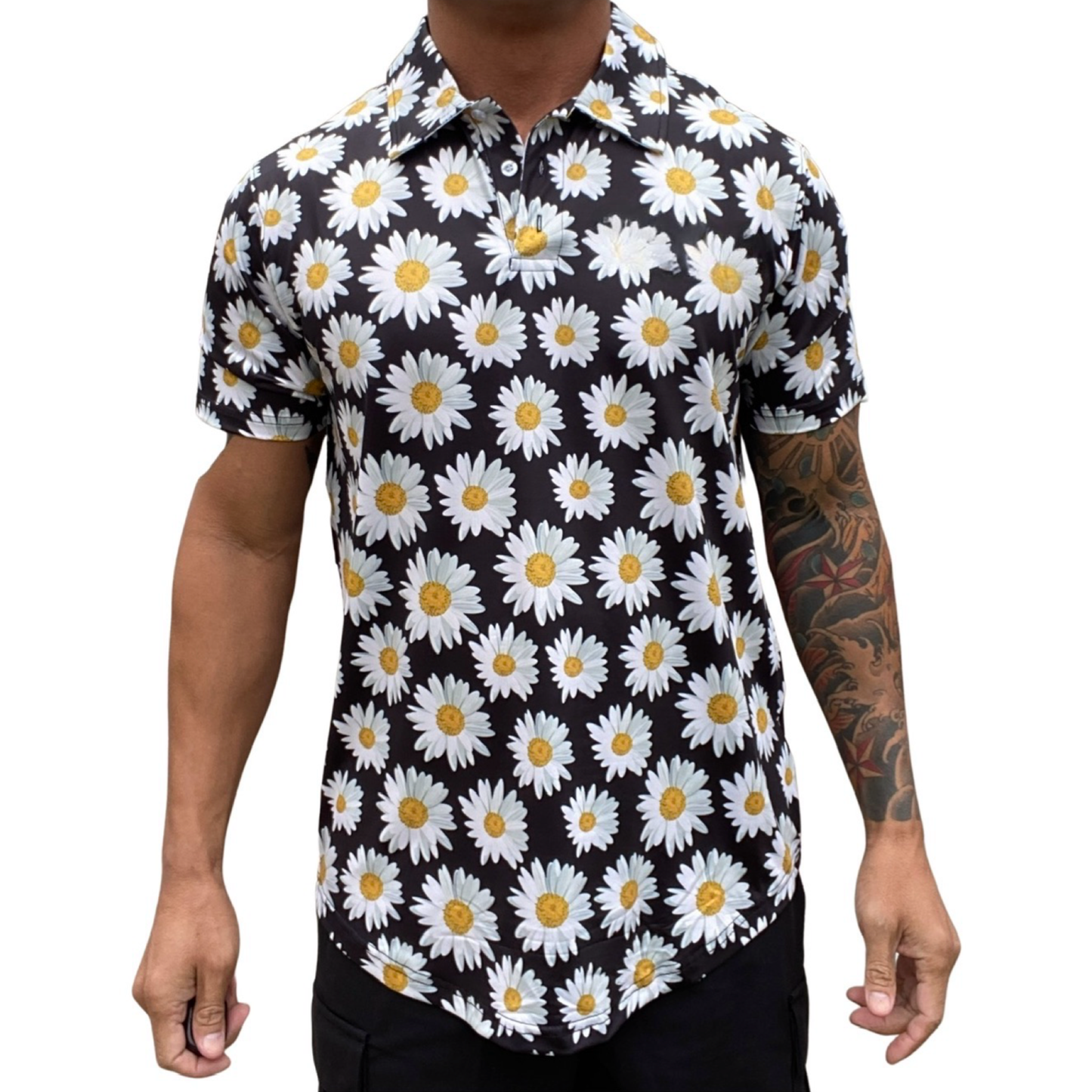 White Daisys on Black Hawaiian Floral Golf Shirt.