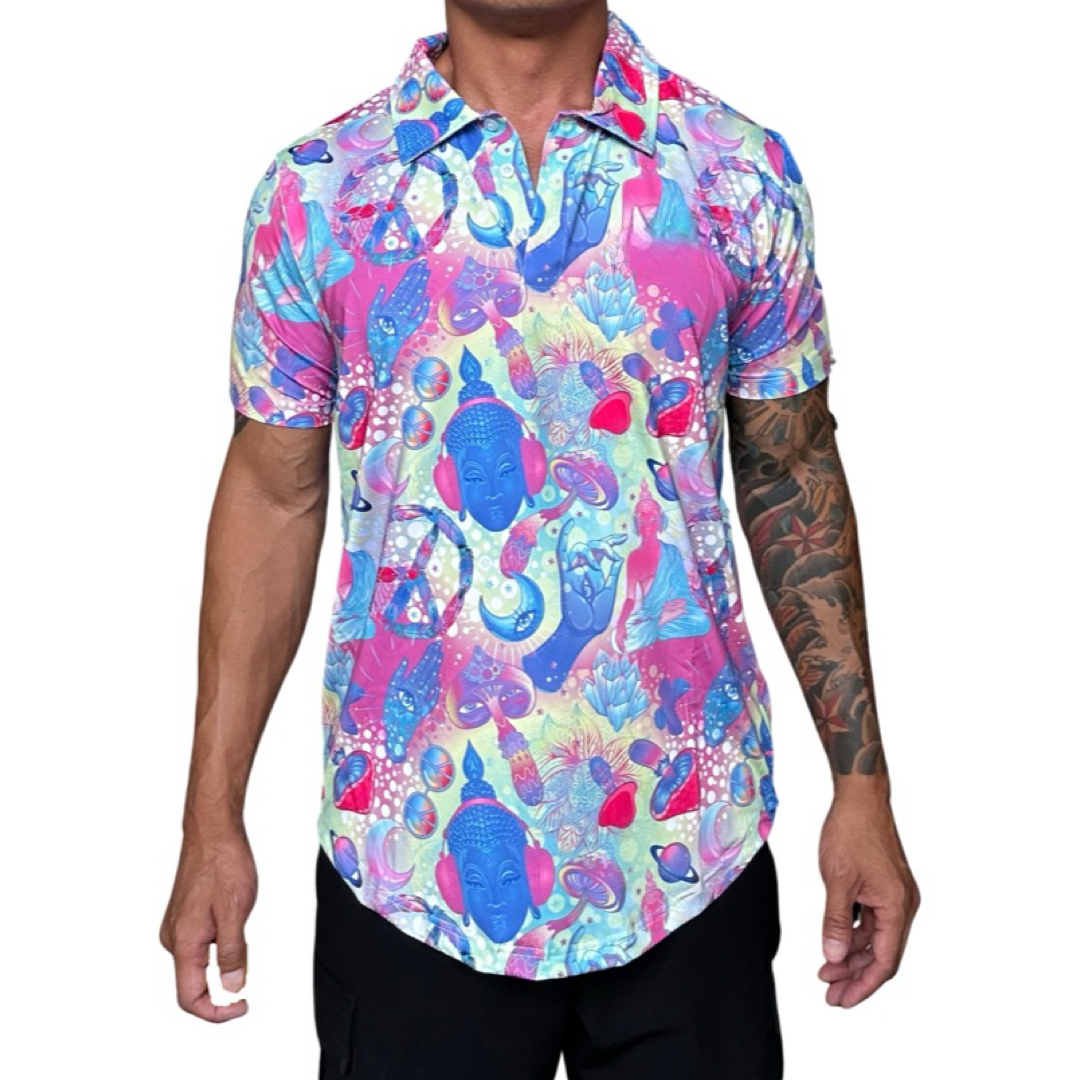 Pink Blue Psychedelic Budha Mushroom 3rd Eye Golf Shirt.