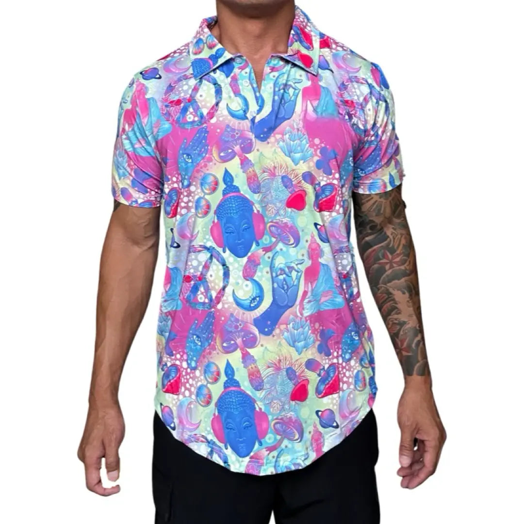 Pink Blue Psychedelic Budha Mushroom 3rd Eye Golf Shirt. Hackergolf.net