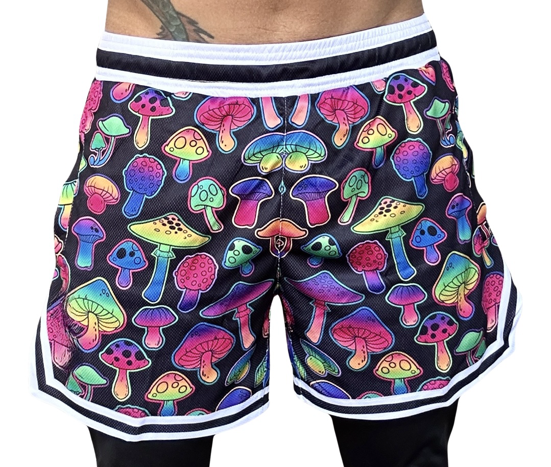 Mens Above The Knee, Short Inseam, Basketball Hoop Shorts - Colorful Mushrooms
