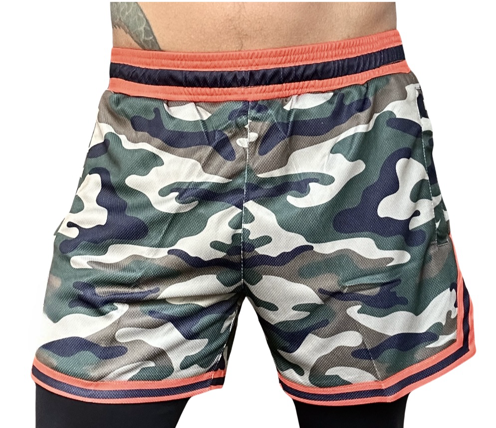 Mens Camouflage Above The Knee, Short Inseam, Basketball Hoop Shorts Camo Orange