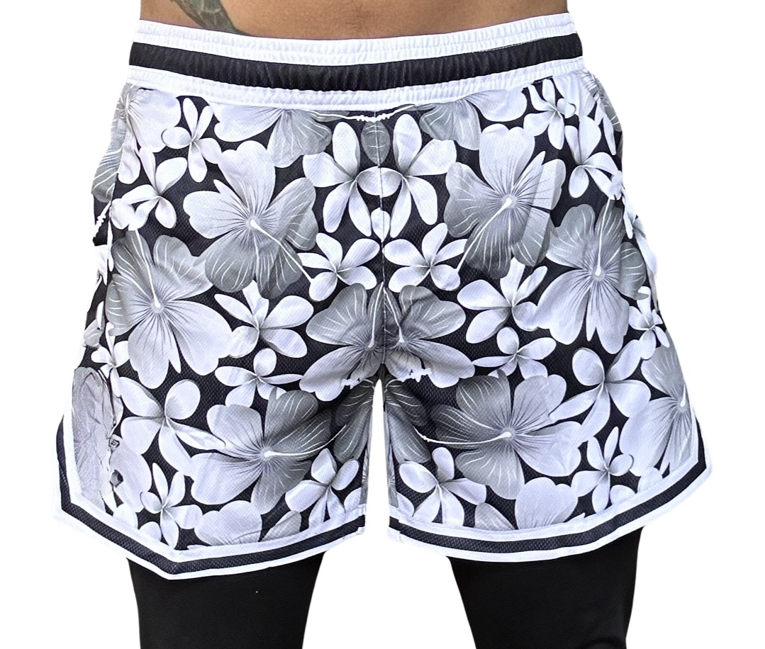 Mens Colorful Fun Above The Knee, Short Inseam, Basketball Hoop Shorts Black White Floral