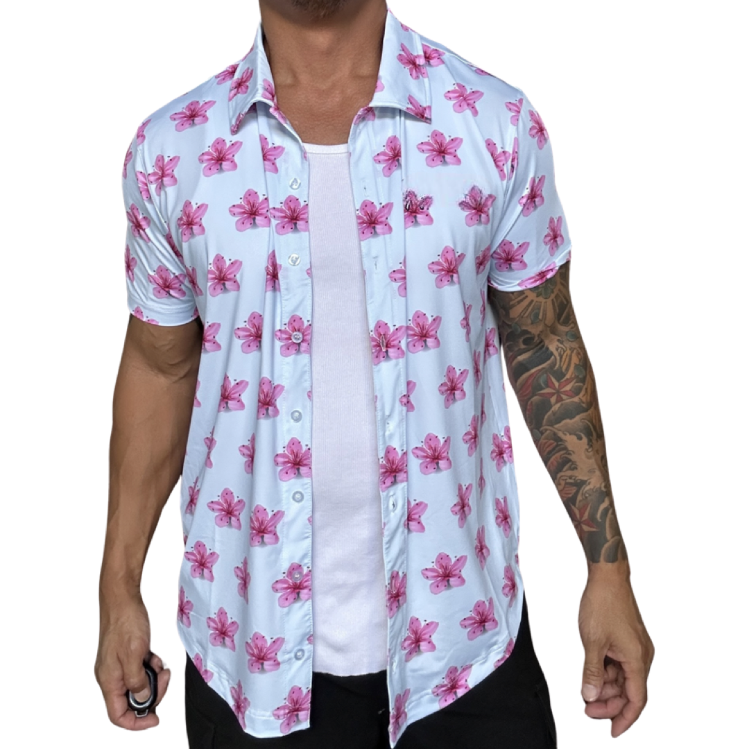 Pink Flowers Daisys Light Blue Button Up Hawaiian Floral Shirt.