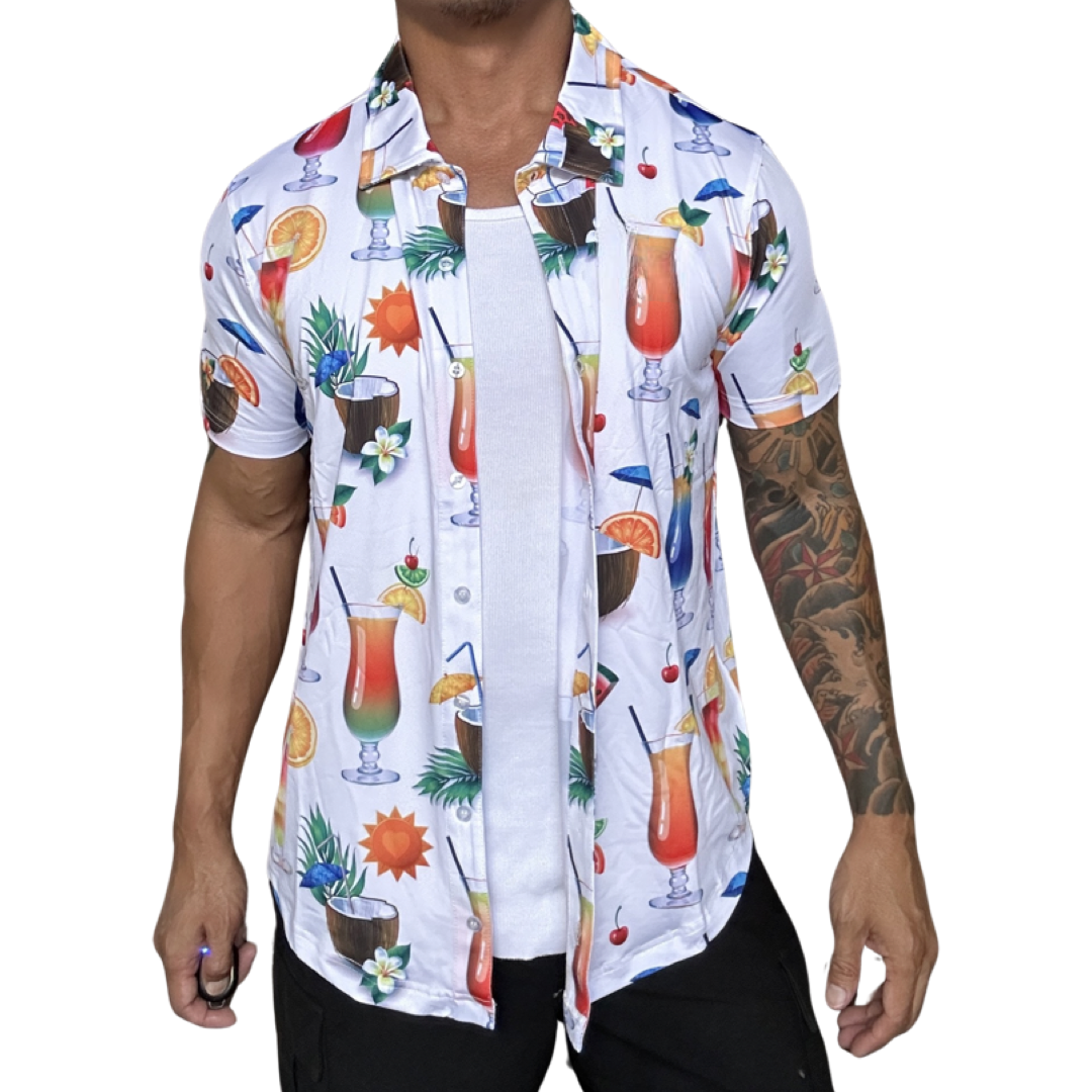 Cocktails, Coconuts and Beer Hawaiian Vacation Button UP