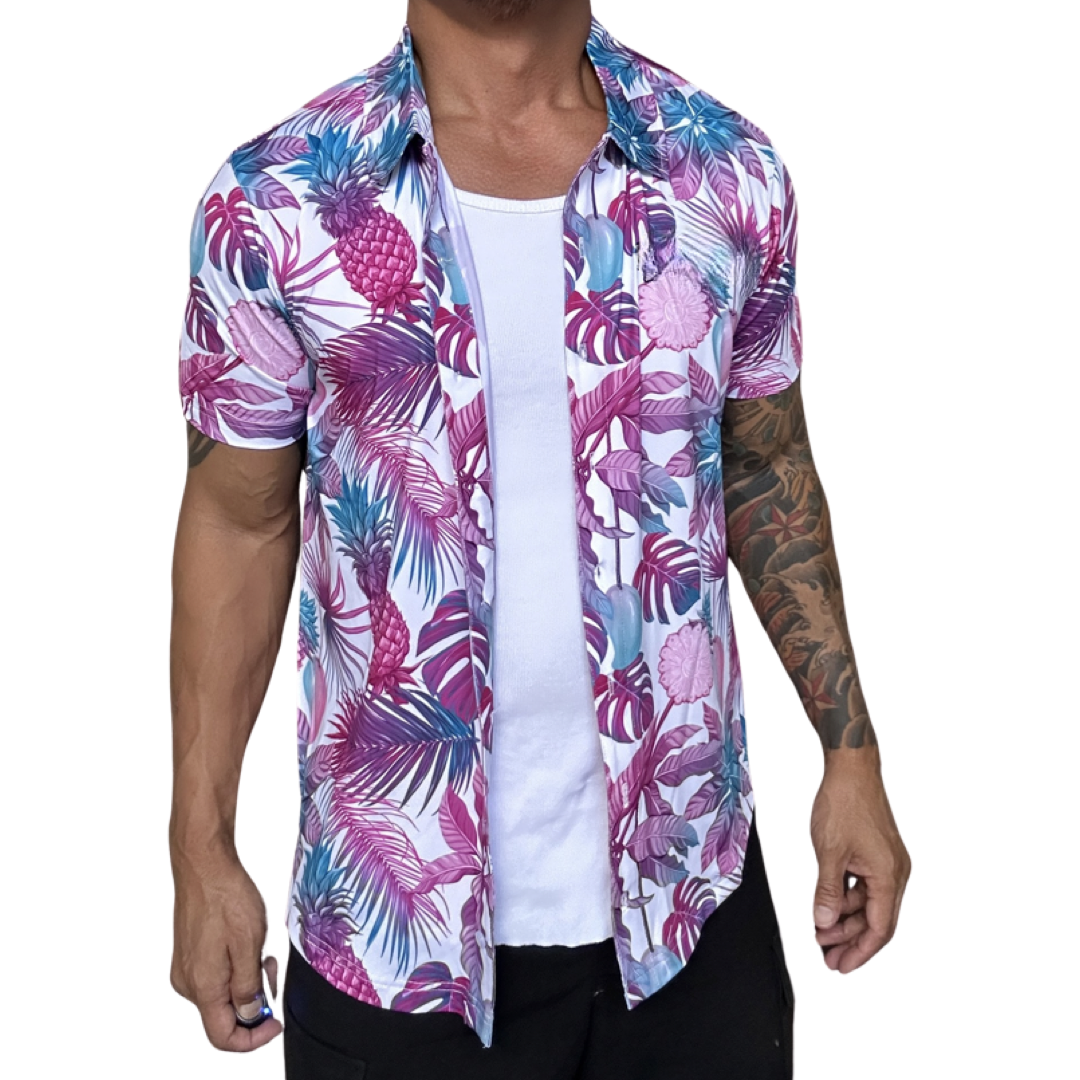 Pink Blue Tropical Pineapple Hawaiian Floral Button Up