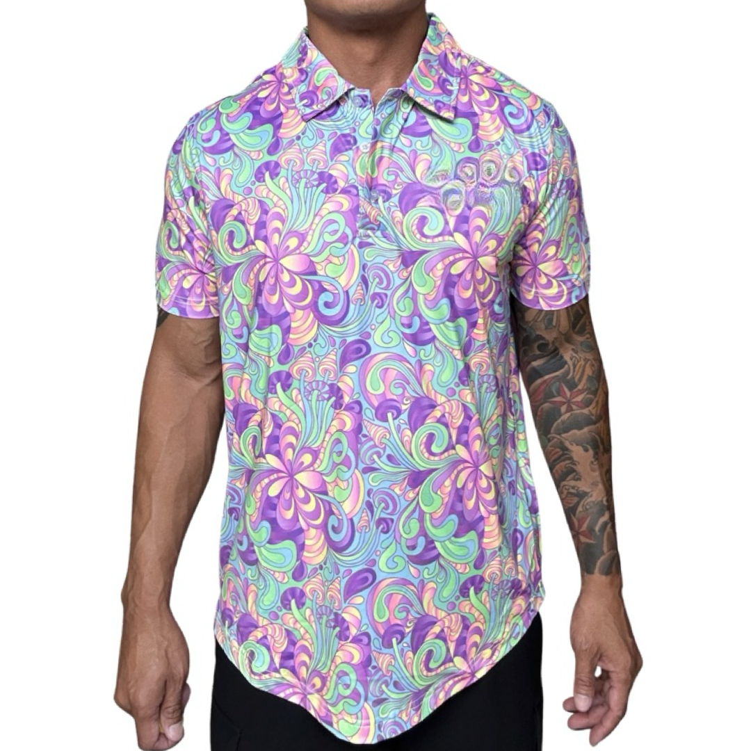 Groovy Psychedelic Purple Green Blue 70's Golf Shirt.