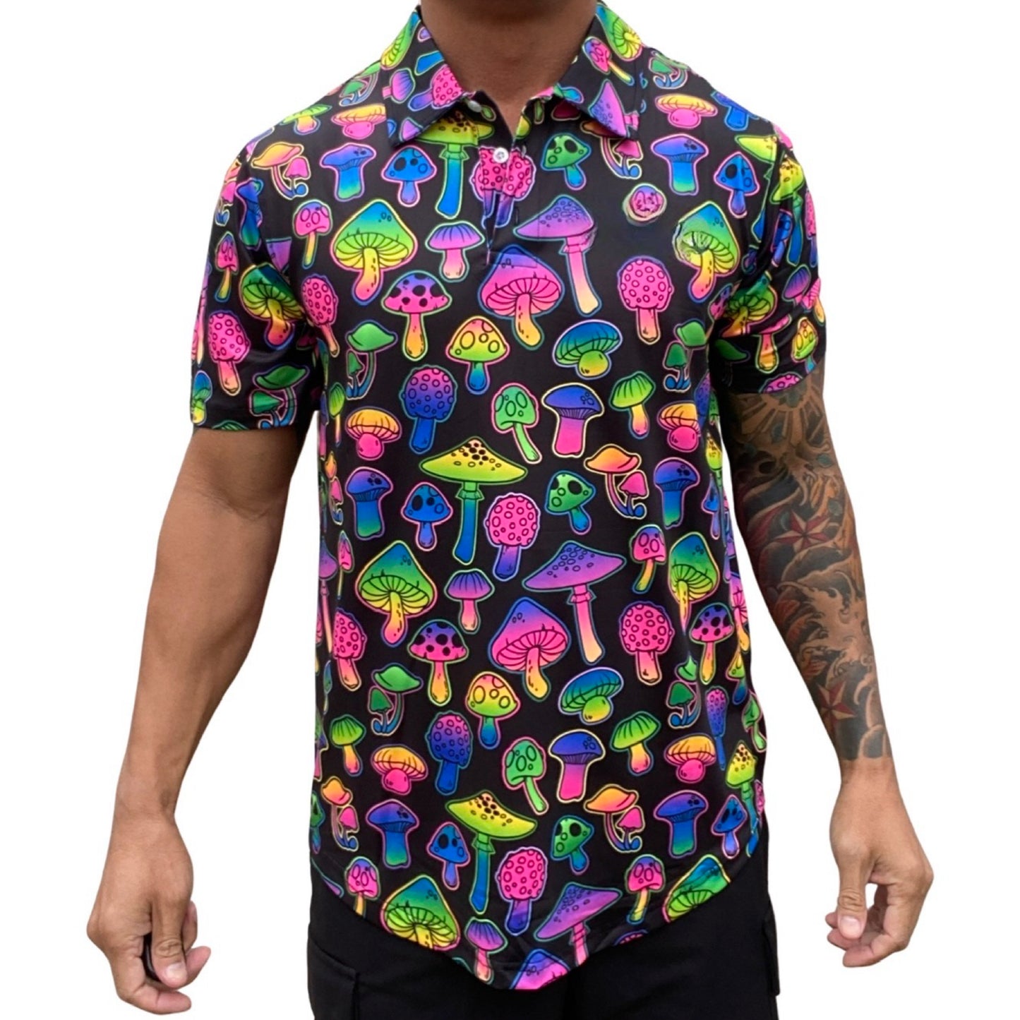 Psychedelic Glowing Fluorescent Mushrooms on Black Golf Shirt.