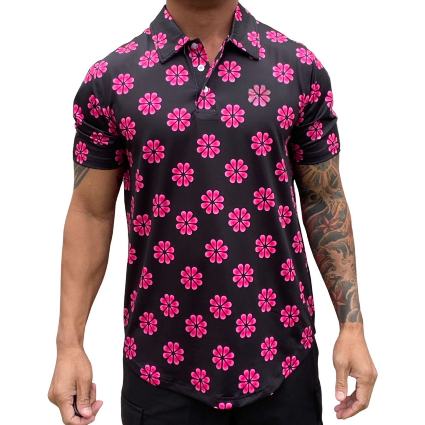 Pink Daisy Hawaiian Floral Golf Shirt.