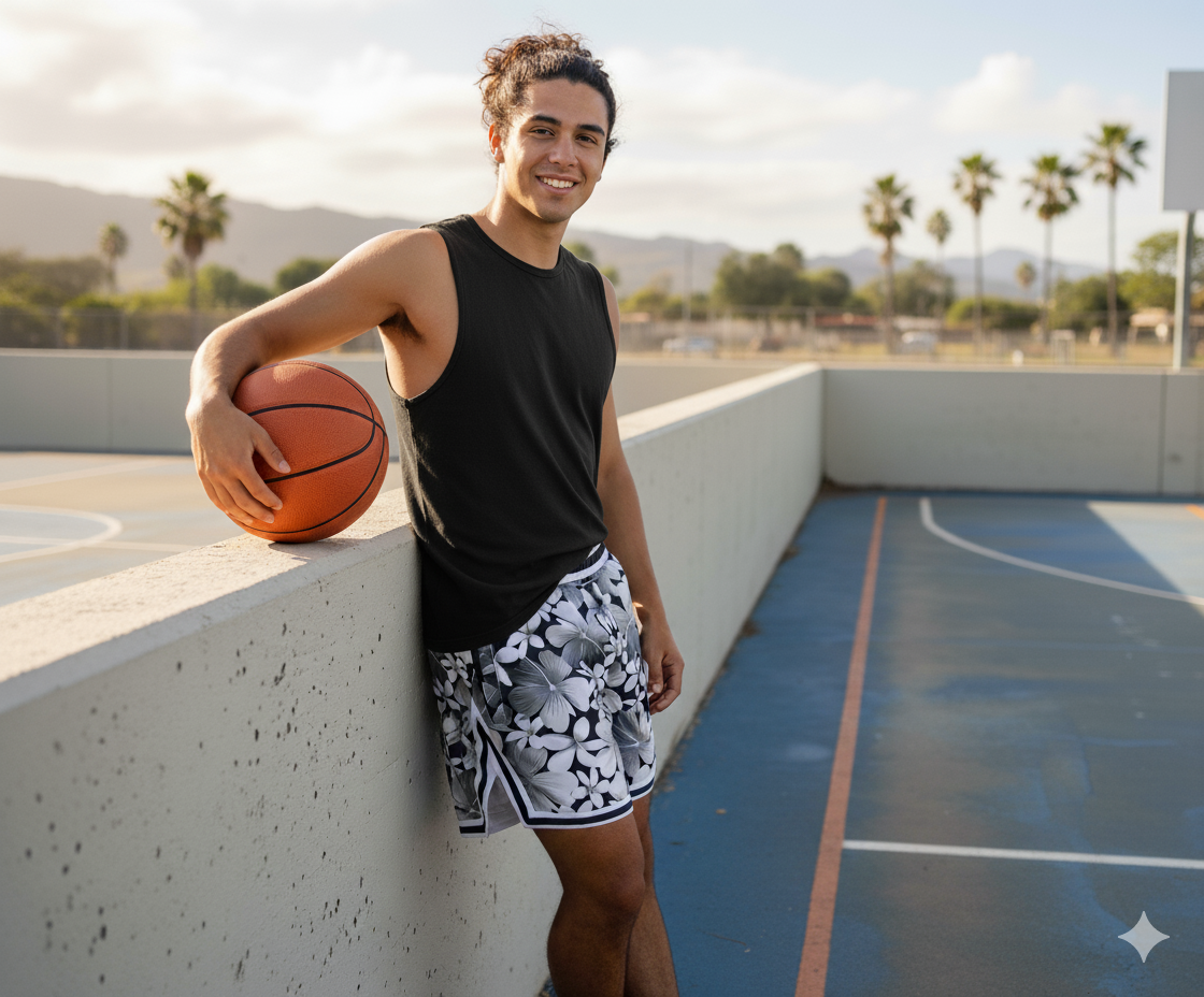 Mens Colorful Fun Above The Knee, Short Inseam, Basketball Hoop Shorts Black White Floral