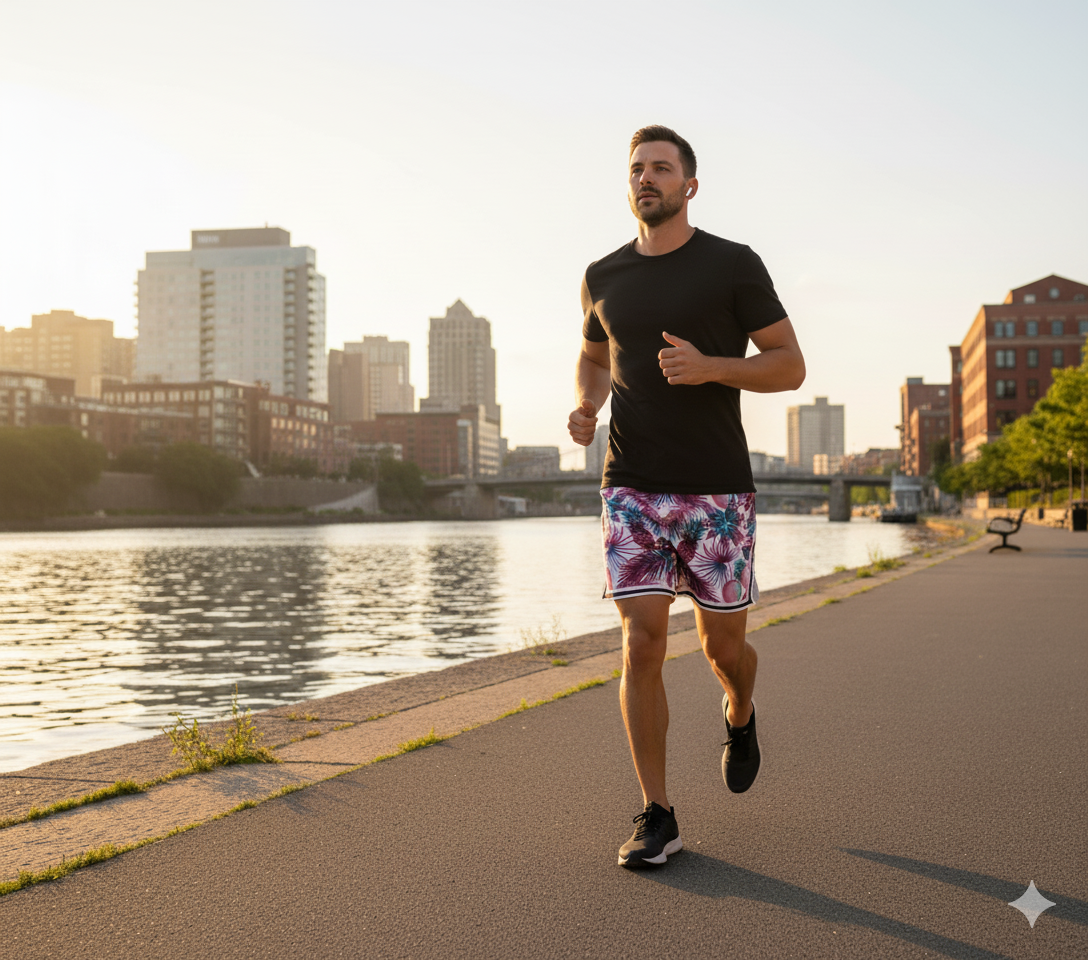 Mens Colorful Fun Above The Knee, Short Inseam, Basketball Hoop Shorts Purple Tropical Floral. Hackergolf.net