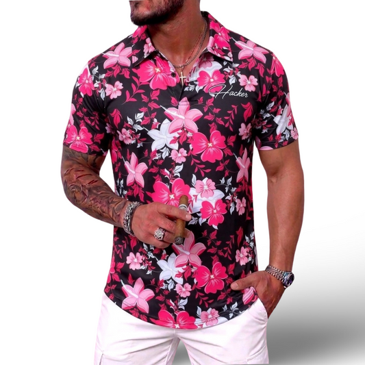 Pink Black White Floral Hawaiian Floral Golf Shirt. Hackergolf.net