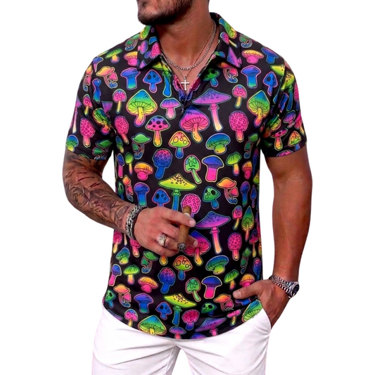 Psychedelic Glowing Fluorescent Mushrooms on Black Golf Shirt. Hackergolf.net