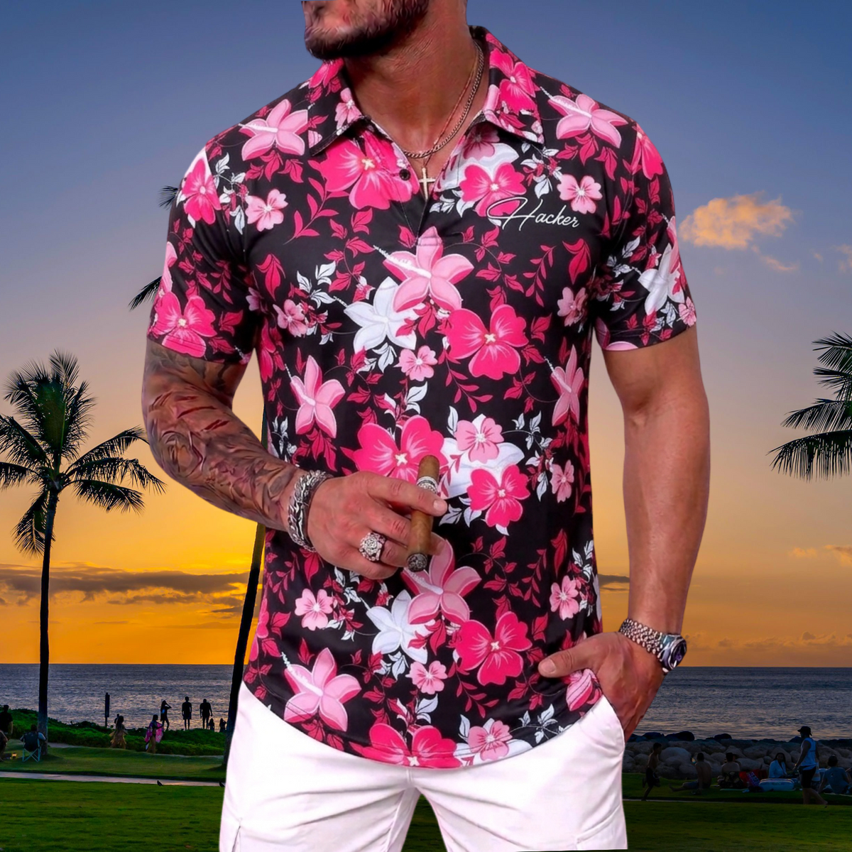 Pink Black White Floral Hawaiian Floral Golf Shirt. Hackergolf.net