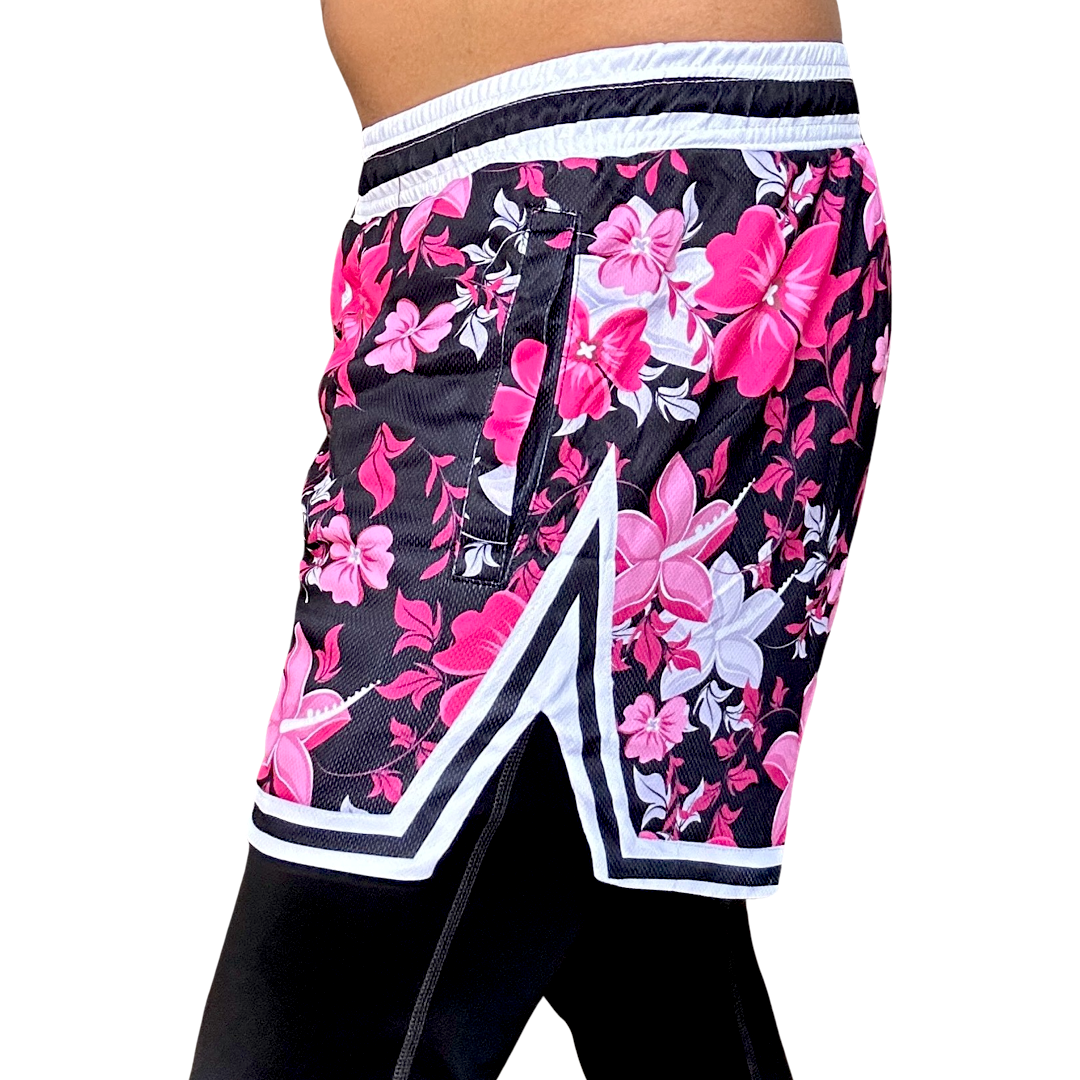 Mens Colorful Fun Above The Knee, Short Inseam, Basketball Hoop Shorts Pink Black Floral.