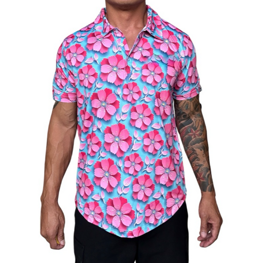 Pink Light Blue Floral Hawaiian Floral Golf Shirt.