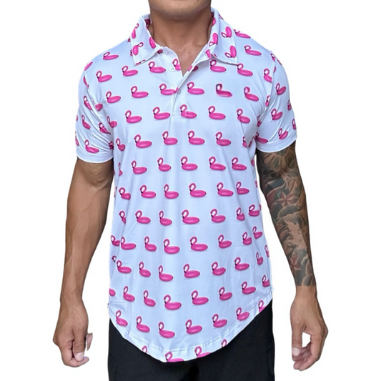 Pink White Flamingo Summer Pool Golf Shirt.