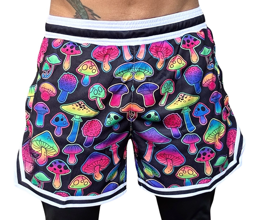 Mens Above The Knee, Short Inseam, Basketball Hoop Shorts - Colorful Mushrooms