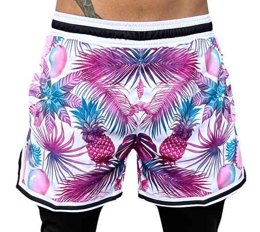 Mens Colorful Fun Above The Knee, Short Inseam, Basketball Hoop Shorts Purple Tropical Floral.