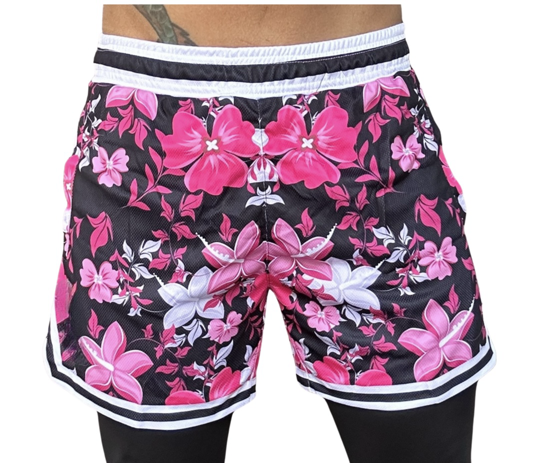 Mens Colorful Fun Above The Knee, Short Inseam, Basketball Hoop Shorts Pink Black Floral.