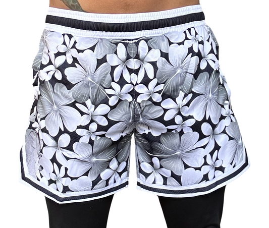 Mens Colorful Fun Above The Knee, Short Inseam, Basketball Hoop Shorts Black White Floral