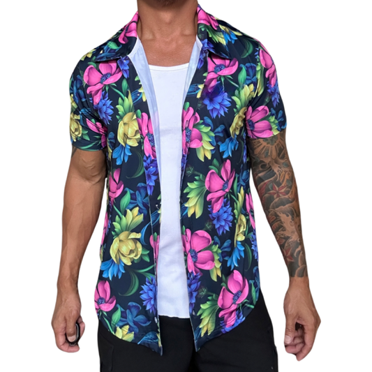 Pink Blue Yellow Black Button Up Hawaiian Floral Shirt.