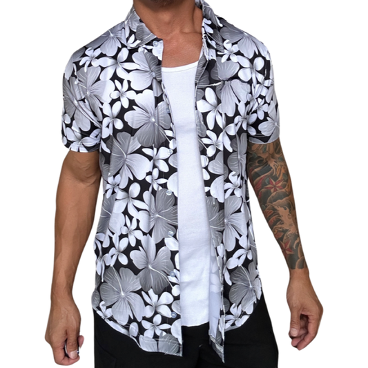 Black and White Floral Hawaiian Button Up