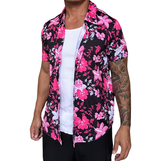 Pink Black White Floral Hawaiian Floral Button Up Shirt