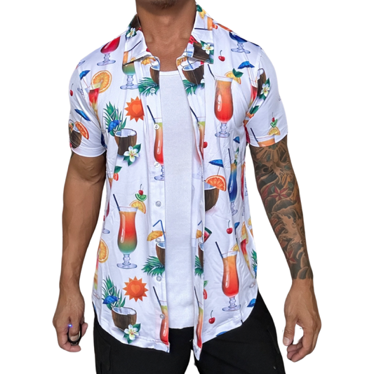 Cocktails, Coconuts and Beer Hawaiian Vacation Button UP