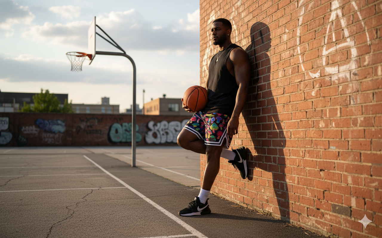 Mens Above The Knee, Short Inseam, Basketball Hoop Shorts - Colorful Mushrooms