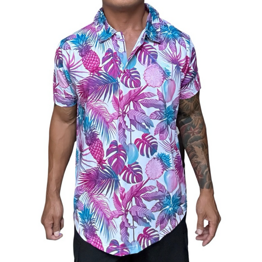 Pink Blue Tropical Pineapple Hawaiian Floral Golf Polo